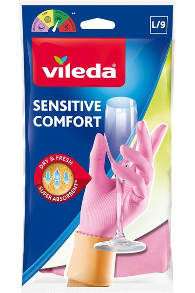 Vileda Sensitive Gloves Reusable L, Natural Latex, Protective, Touch-Sensitive, Comfortable Fit, Goo