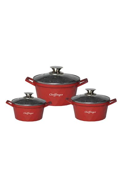 cheffinger Set of 3 Pans with Lid and Non-Stick Marble Coating Red