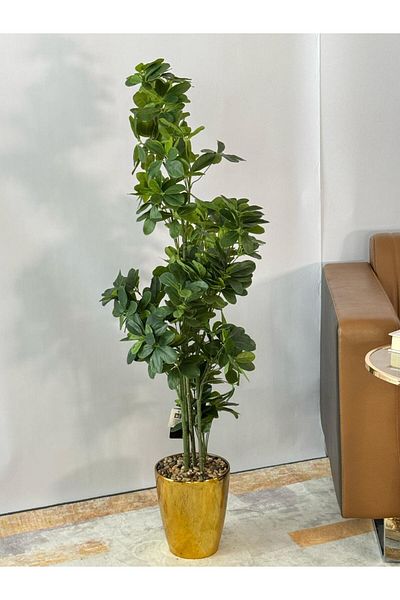 Living Artificial tree with multiple branches and leaves, with a golden pot, height 130 cm