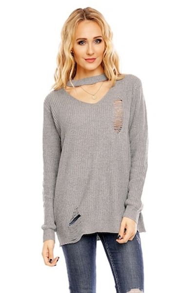 Gosse Women's Choker Ripped Sweater, Gray, One Size