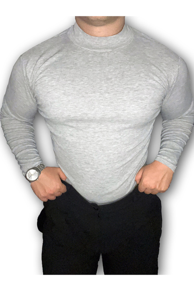 Lushen Gri Uzun Kollu Yarım Boğazlı Balıkçı Yaka Likralı Penye Badi Body