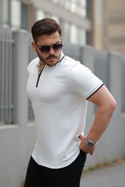JANES Ανδρικό κοντομάνικο μπλουζάκι με γιακά με φερμουάρ και λεπτομέρεια από ύφασμα βισκόζης