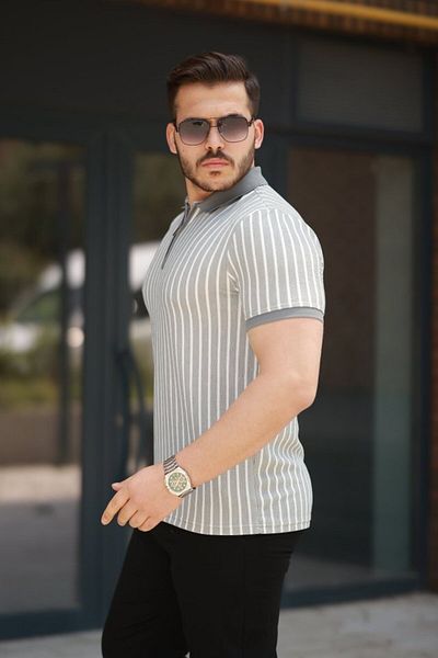 JANES Ανδρικό κοντομάνικο μπλουζάκι με ριγέ γιακά με φερμουάρ