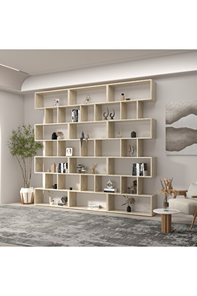 klubeconcept Yerden Tavana Traverten Desenli Kitaplık Dekoratif Büyük Boy Raf Ünitesi 100% MDF