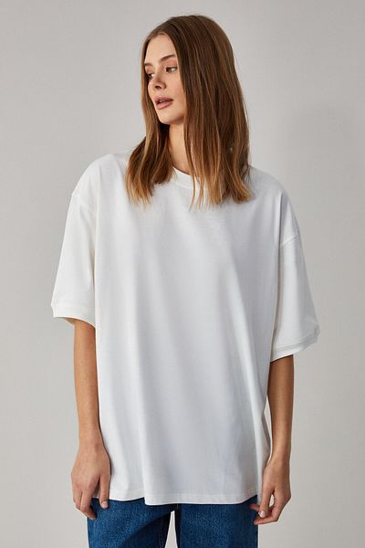GRIMELANGE Betsy Women's 100% Cotton Crew Neck Short Sleeve Fit Relaxed Ecru T-Shirt