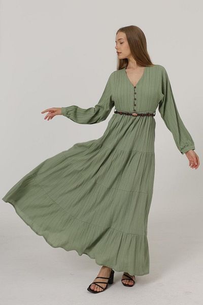 Kokosh moda Μακρυμάνικο φόρεμα με ζώνη με μισό κουμπί μπροστά - Χακί