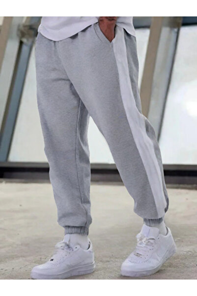 Relax family xf Ανδρικό γκρι oversize καλοκαιρινό λευκό ριγέ αθλητικό παντελόνι ελαστικό Jogger βαμβακερό