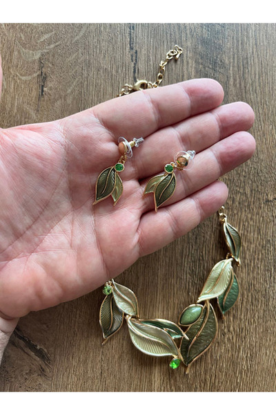 Büyük Hanım Leaf Model Vintage Elegant Metal Necklace Earring Set