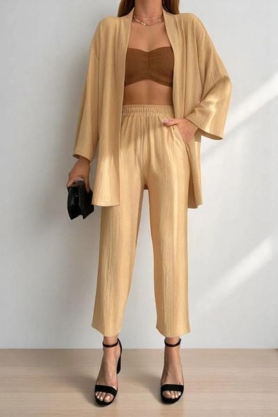 PAWWY Seersucker Fabric Tie-Up Kimono Bottom Top Set, Standard Size 36/40 Size Matching, Single Tie-Up
