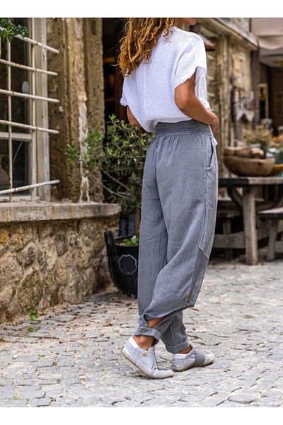 pier moda Bohemian Style Gray Linen Shalwar Pants - 100% Cotton Mesh