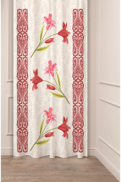 GREENDECOR Ethnic Anatolian Motif Flower Pastel Bohemian Special Design Digital Printed (Single Wing) Beige Cream Background Curtain