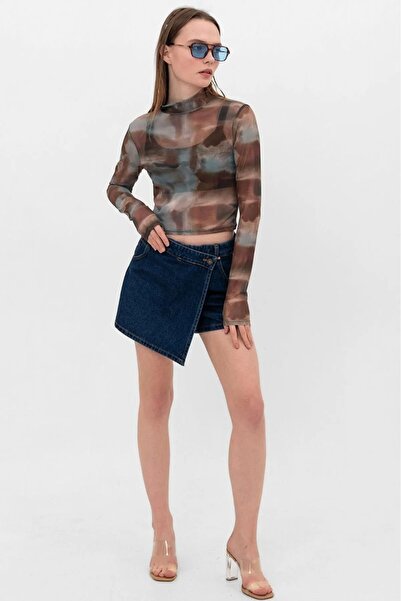 TugsatTasarTekstil Kadın Yüksek Bel Koyu Mavi Kot Şort Etek Denim Likrasız Kruvaze Kapamalı Jeans Şort Etek