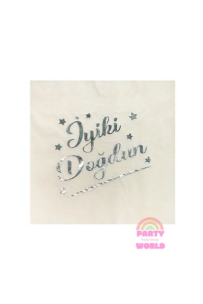 party world 🎉   Happy Birthday Silver Gilded Napkin – White (16 Pieces) 🎉