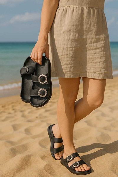 AkınalBella Papuci de damă cu cataramă de piatră de perle negre DESIGN STILOS PAPUCI DE PLAJĂ DE MARE DESIGN SPECIAL