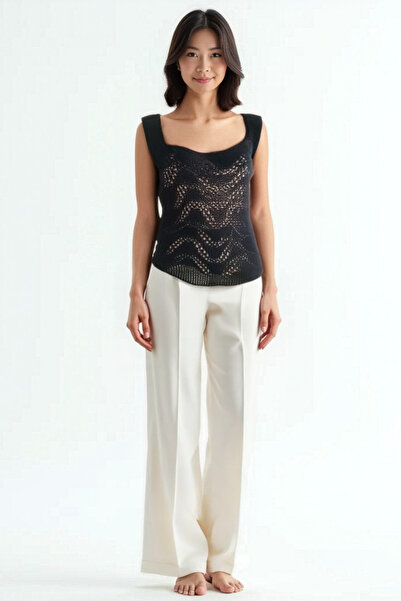 CAPELLA ÖRGÜ ATÖLYESİ Siyah Kare Yaka-Ajurlu -Simli Kalın Askılı Örme Bluz-Tr...