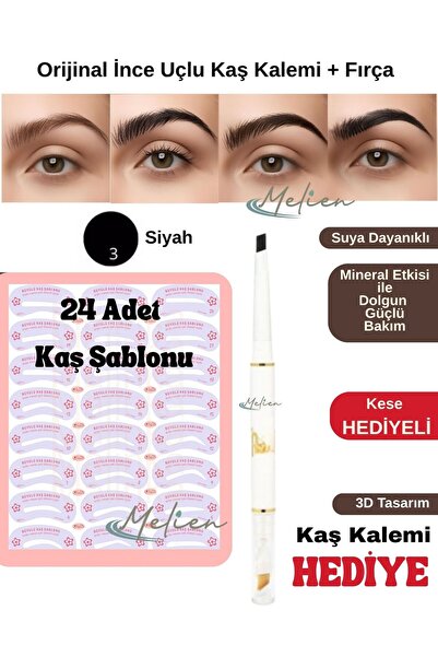 Melien 24 Adet Kaş Şablonu 1adet 2'si 1 Arada Kaş Kalemi Ve Kaş Fırçası Doğal...