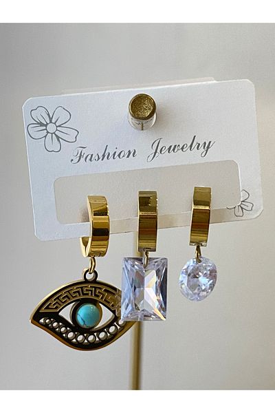 Çelik 3-Piece Eye Model Steel Earring Set