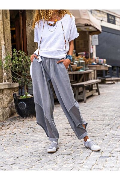 pier moda Bohemian Style Gray Linen Shalwar Pants - 100% Cotton Mesh