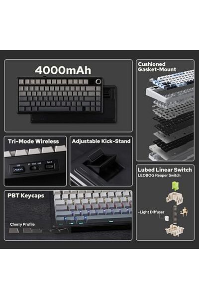 Aula F75 MAX Tri-Mode Wireless Gaming Keyboard, TFT Screen, Knob, Hot Swappable, 2.4GHz/Type-C/BT5.0