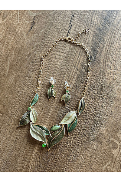 Büyük Hanım Leaf Model Vintage Elegant Metal Necklace Earring Set