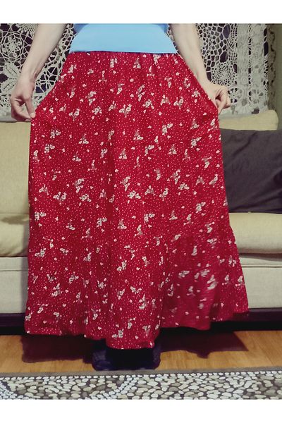 hoaryage Bohemian, Ethnic Printed Long Skirt, Holiday Beach Dress, Elastic Waist, Mevlana Viscose with 3 Layers of Ruffles