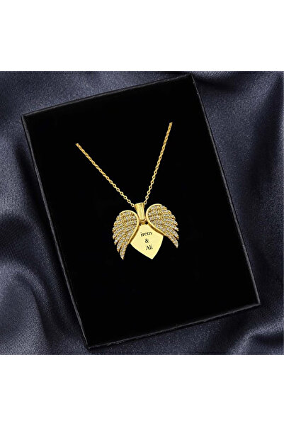 hediyesahibi Kişiye Özel İsim Yazılı Melek Kanatlı Kalp Kolye