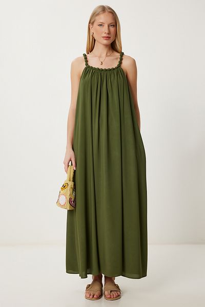Lovelyİstanbul Rochie lungă din viscoză cu bretele cu mărgele KHAKI LFG0003
