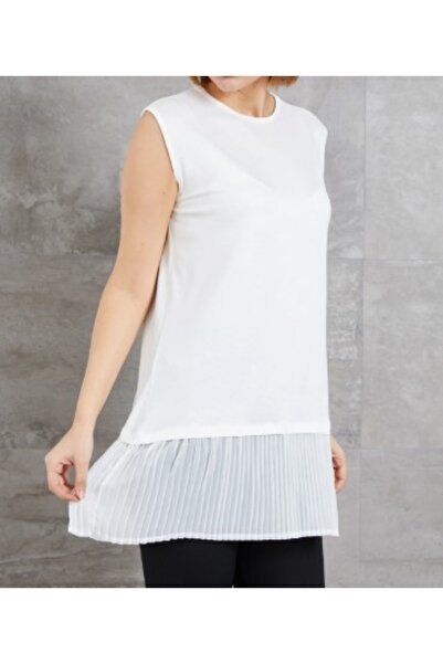 ZY BUTİK White Sleeveless Round Neck Pleated Detailed Underwear Tunic