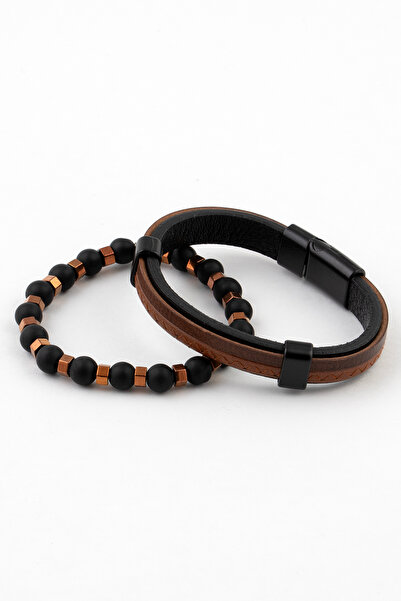 Sortie Aksesuar Genuine Leather And Natural Stone Men's Combination Bracelet Set