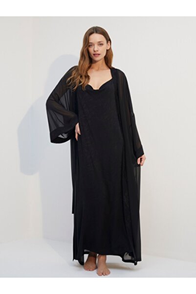 BONJOUR MADAME Chiffon Dressing Gown Jacquard Nightgown Suit Bjm-1713 Black