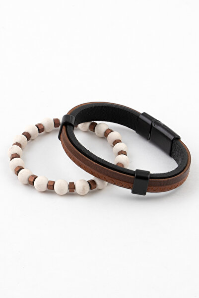 Sortie Aksesuar Genuine Leather And Natural Stone Men's Combination Bracelet Set