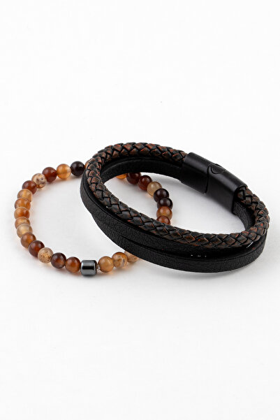 Sortie Aksesuar Genuine Leather And Natural Stone Men's Combination Bracelet Set