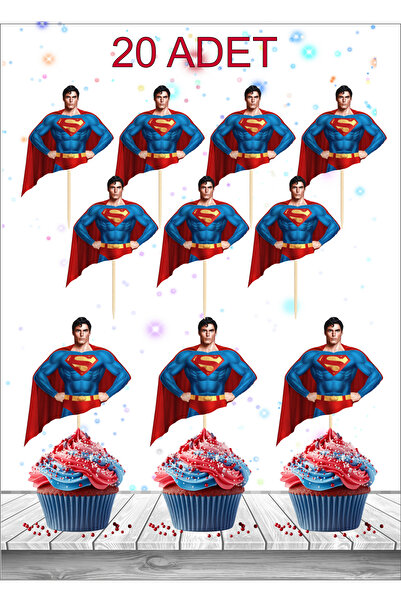 Atölye Doruk 20 ADET Süperman Doğum Günü Pasta Kürdanı-Pasta Süsü Parti-Kahra...