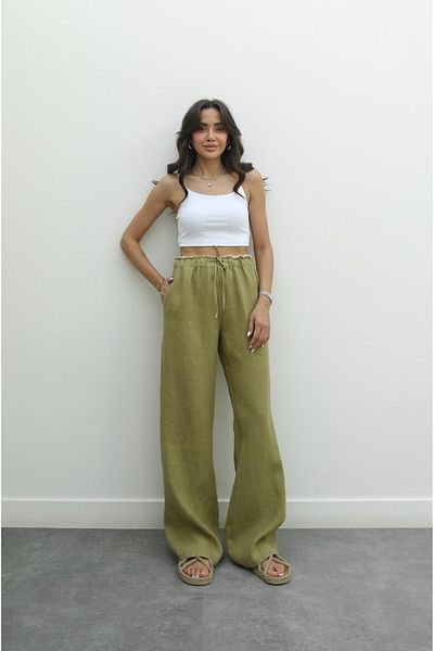 Havoş Çağla Green Waist Detailed Linen Trousers