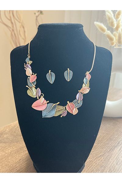 Büyük Hanım Colorful Leaf Model Vintage Elegant Metal Necklace Earring Set