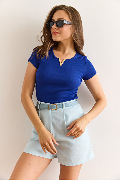 Olalook Γυναικεία Saks Blue V Metal Λεπτομερής εύκαμπτη βαμβακερή μπλούζα BLZ-19002921