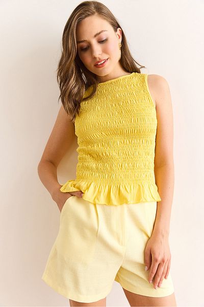 Olalook Women's Yellow Gipeli Crew Neck Cotton Blouse Blz-19003013