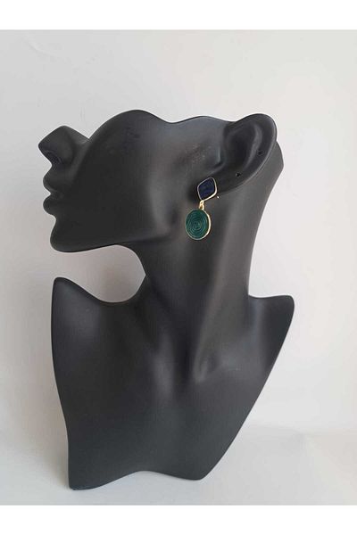 BHR AKSESUAR Blue Green Pearlescent Dangle Circle Earrings