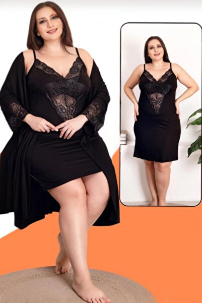 Lady Göbek ve Kollar Dantel Detaylı Viskon Kumaş 2li Lüks Gecelik Sabahlık Ta...