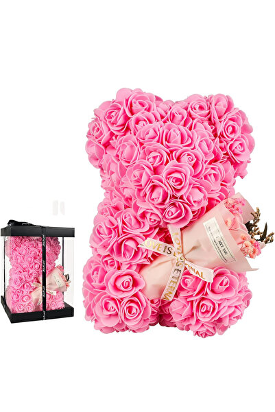 keyfim shop Pembe Gül Şeklinde Yapay Çiçeklerden Ayıcık ve Mini Buket Hediyel...