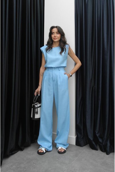 Havoş Blue Single Button Linen Trousers