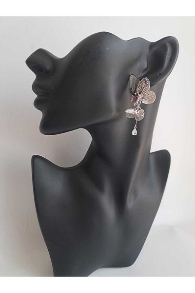 BHR AKSESUAR Silver Zircon Stone Butterfly Earrings