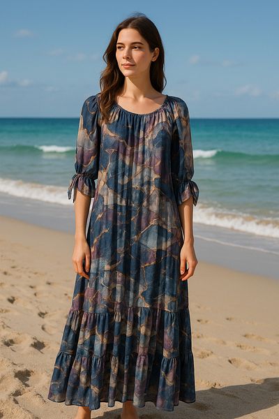 Cb Made In Italy Arte Di Seta – Italian Silk Marble Print Luxury Maxi Dress