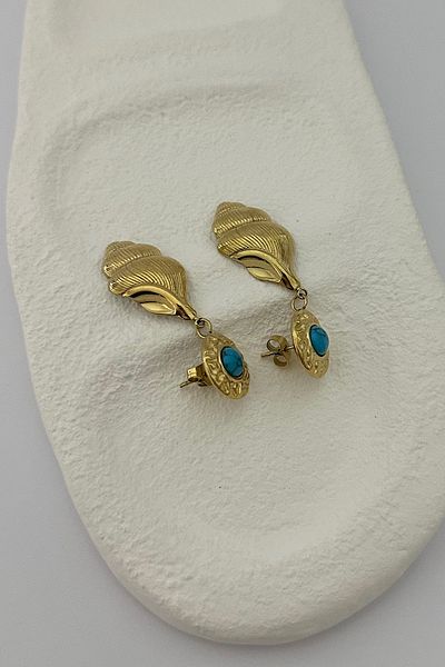 DELEIZA ACCESSORY Steel Gold Seashell Turquoise Stone Earrings