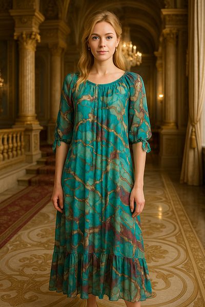 Cb Made In Italy Arte Di Seta – Italian Silk Marble Print Luxury Maxi Dress