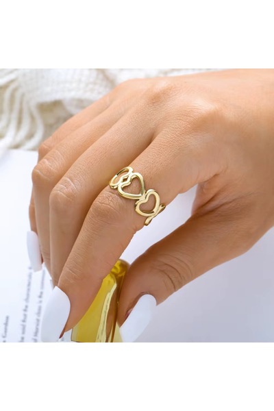 Siya Silver Kararmaz Çelik Sıralı Kalp Model Gold Renk Ayarlanabilir Kadın Yüzük