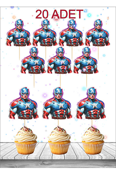 Atölye Doruk 20 ADET Kaptan Amerika Doğum Günü Pasta Kürdanı-Pasta Süsü Parti...