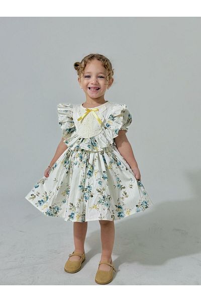 Linarookids Laurel White Floral Vintage Baby Girl Dress, Birthday Dress, Photo Shoot Dress, Suitable for 0-7 Years Old