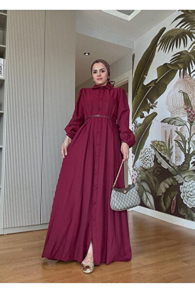 Aselim Hijap Moda Top Buttoned Imported Fabric Belted Dress – Romantic & Elegant Style (Size 38-46) Burgundy