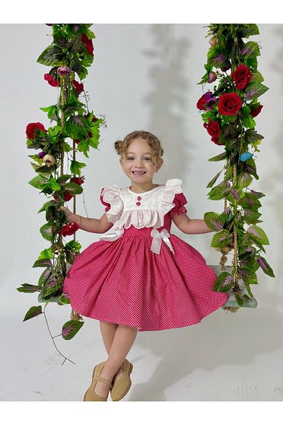 Linarookids Vintage Baby Girl Dress with Laurel Red Buttons,Birthday Dress,Photo Shoot Dress,Suitable for 0-7 Years